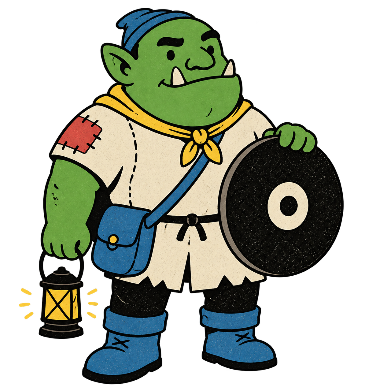 The Disk Orc, a friendly green scout with a lantern and round disk shield