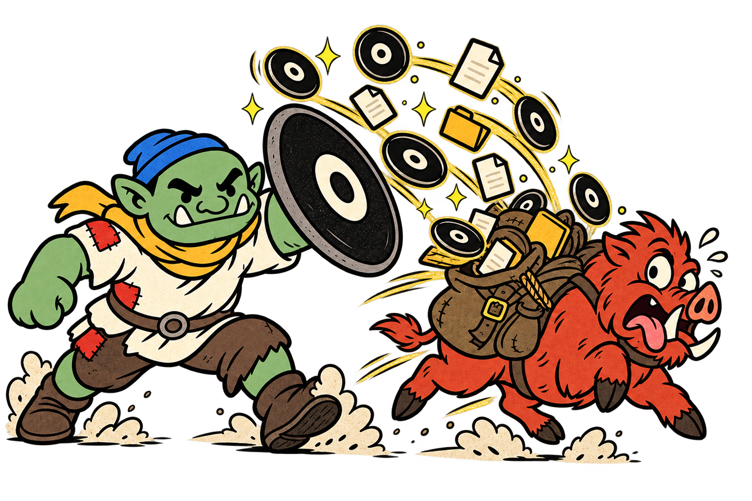 Disk Orc chases away a Space Hog overflowing with files, reclaiming disks and folders from its hoard