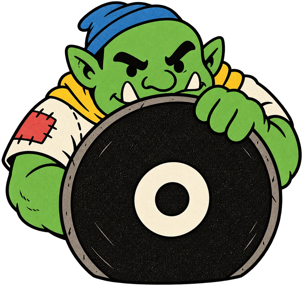 Disk Orc looking fierce behind his disk shield