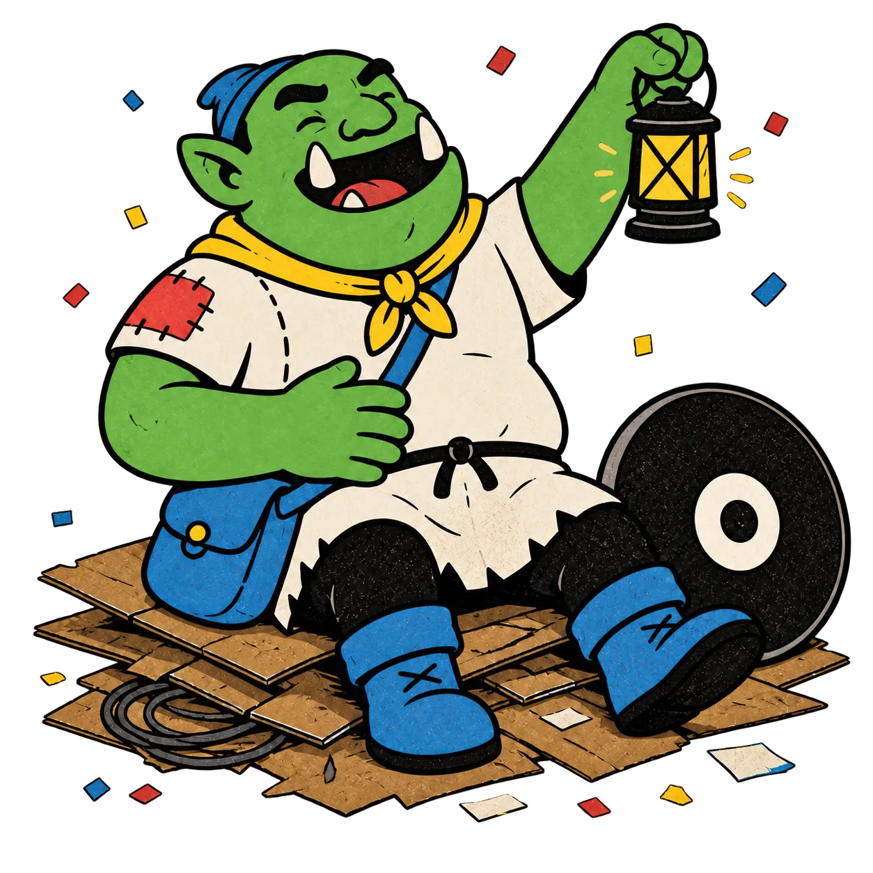Disk Orc laughing in victory on a pile of flattened boxes