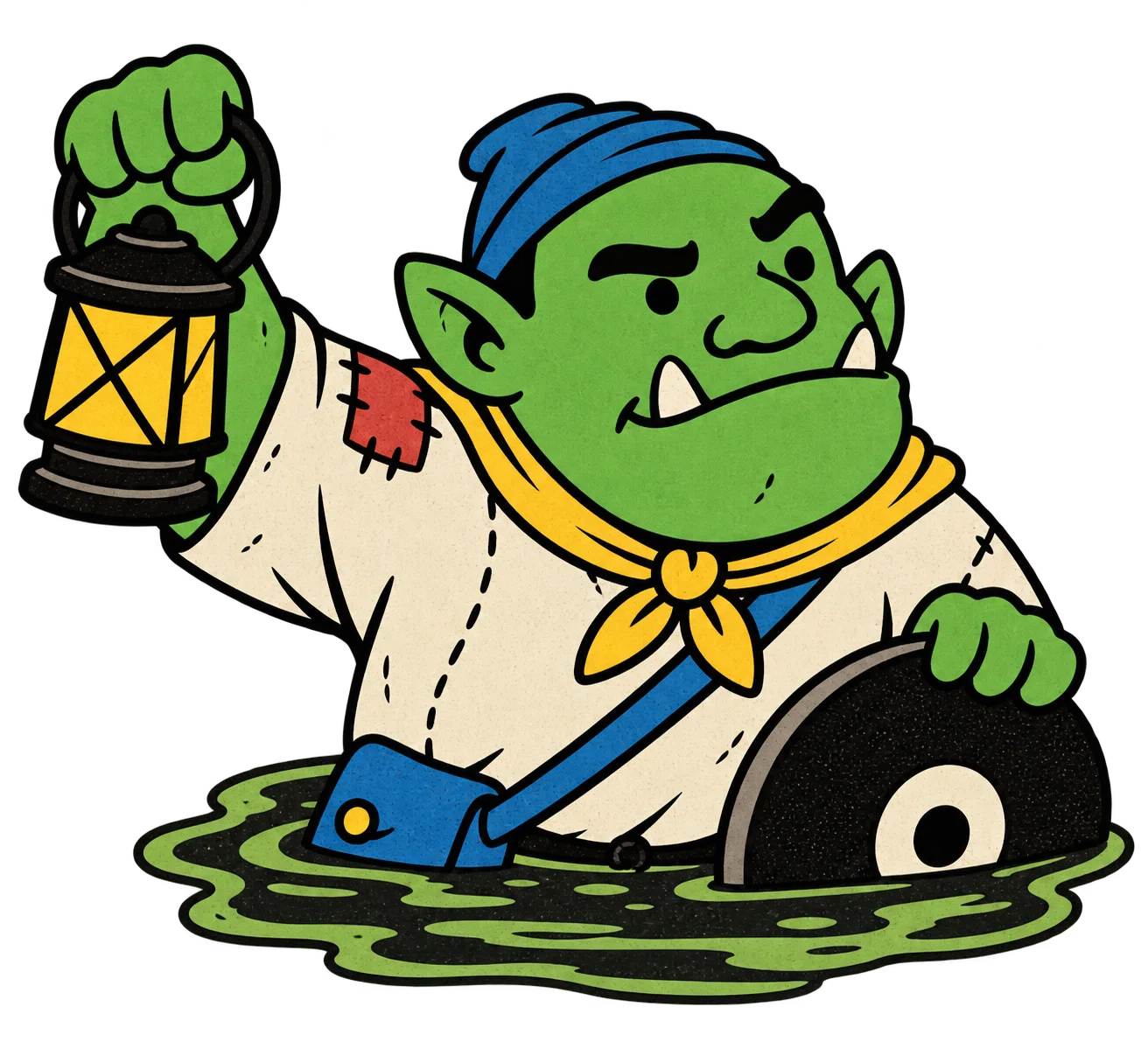 Disk Orc wading through a small storage swamp with his lantern